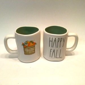 2 Rae Dunn "Happy Fall" Double Sided Mugs White Green Basket Pumpkins Harvest